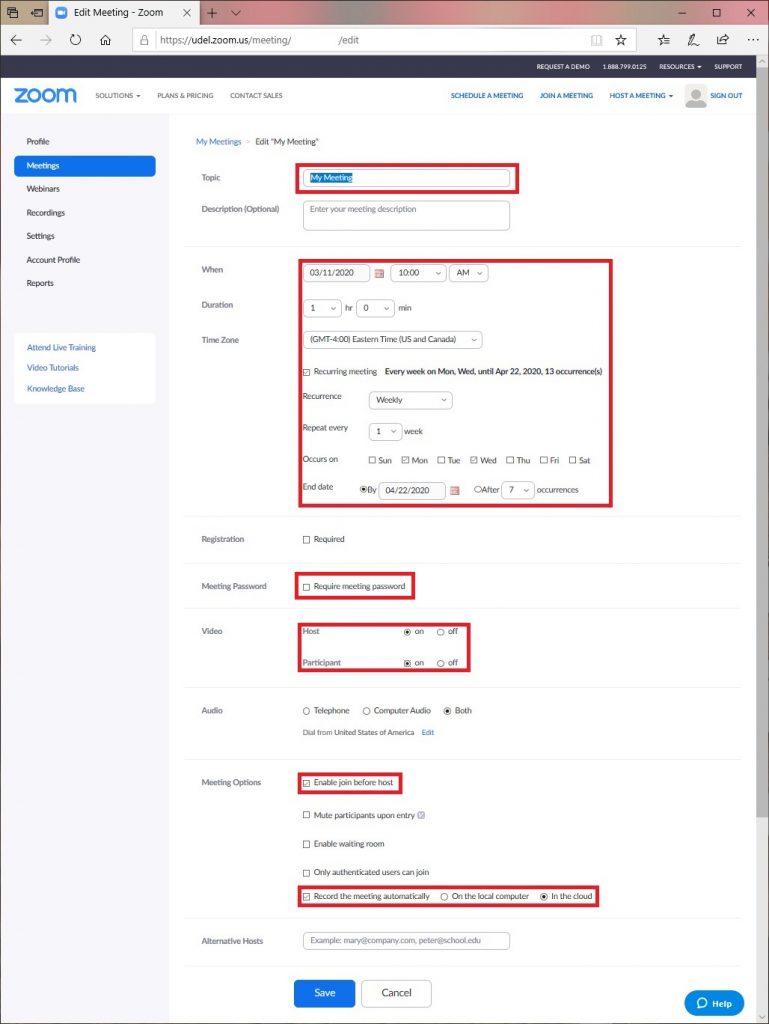 Zoom Meeting Settings Screen