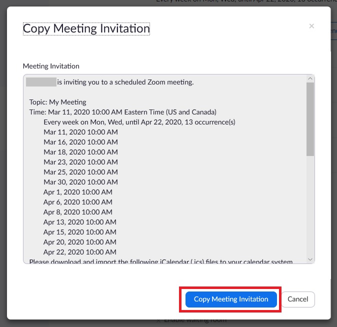 Zoom Copy Meeting Invitation Screen